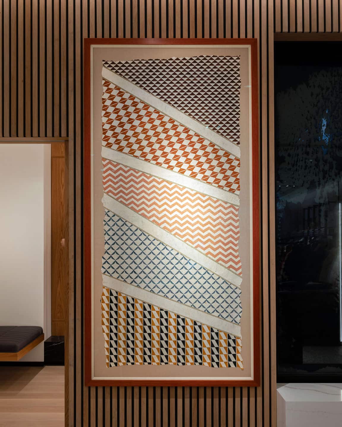 Lehuauakea, Nā Kiaʻi Mauna (The Mountain Guardians), 2023, 83&times36 in kapa and ‘ohe kāpala